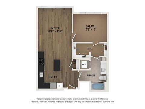 Floor plan for 1 bed, 1 bath, 672 sqft